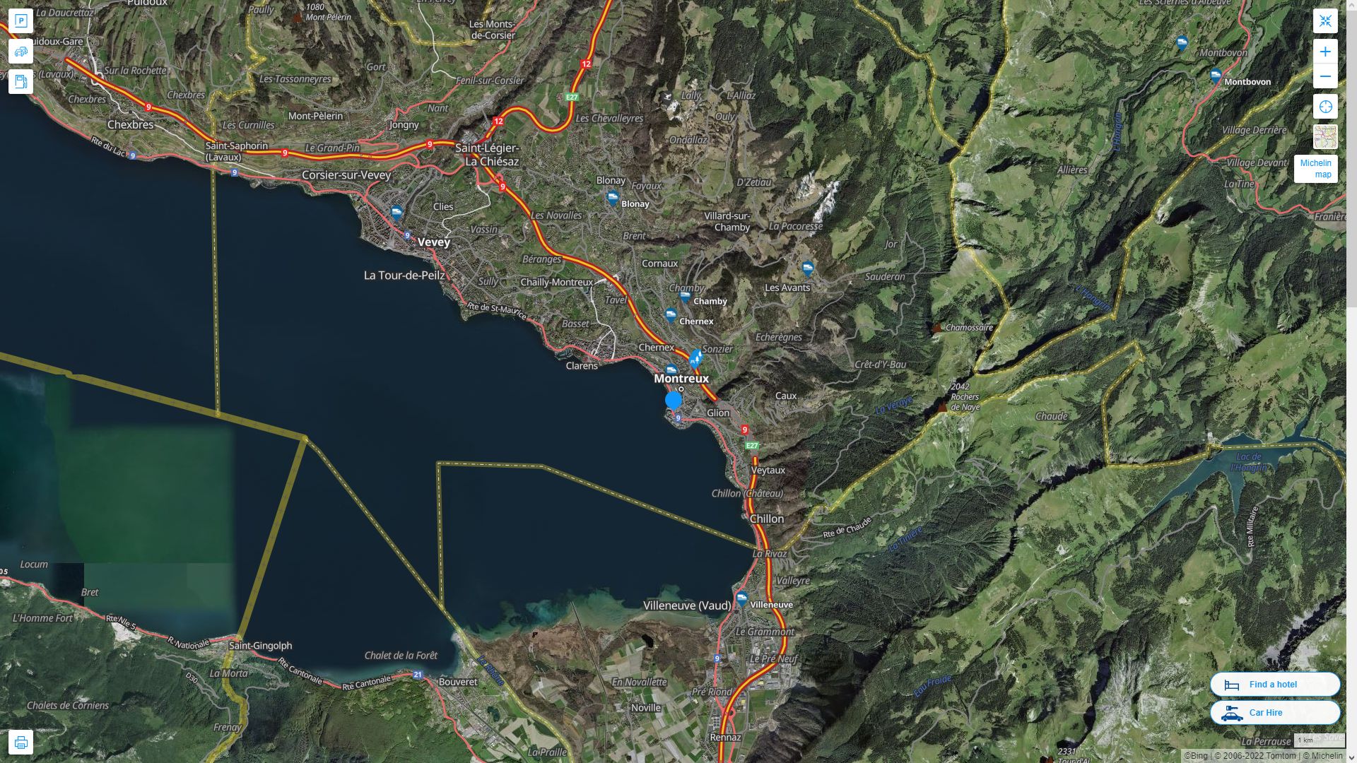 Montreux Highway and Road Map with Satellite View